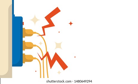 Electric Circuit Overload And Power Strip Safety, Short Circuit From Full Plug In 3-outlet Power Strip. Dangerous From Short Circuit Peripheral.