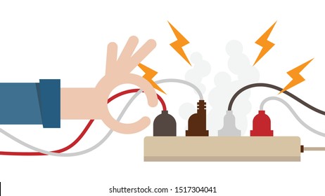 Electric circuit overload and power strip safety, short circuit from full plug in 4-outlet power strip. Dangerous from short circuit peripheral. Warning don't touch by hand.