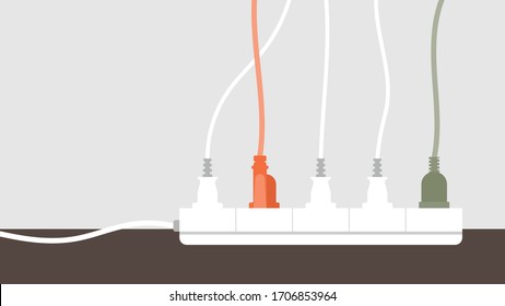 Electric circuit overload and power strip safety, short circuit from full plug in 5-outlet power strip. Dangerous from short circuit peripheral.