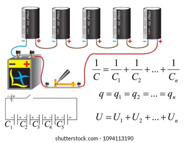 The electric circuit of a series connection of capacitors, physical formulas for calculation of parameters of the battery.