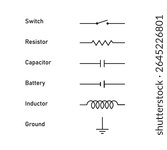 Electric Circuit Symbols. Switch, Resistor, Capacitor, Inductor, Battery and Ground Symbol.