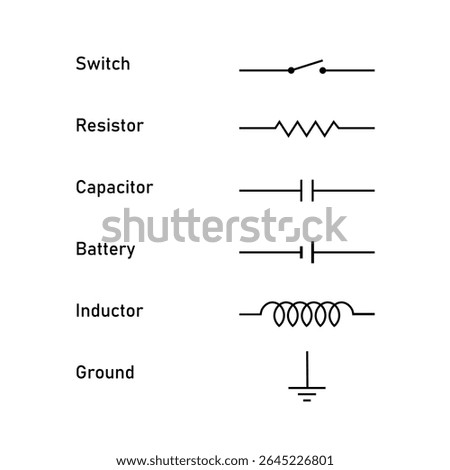 Electric Circuit Symbols. Switch, Resistor, Capacitor, Inductor, Battery and Ground Symbol.