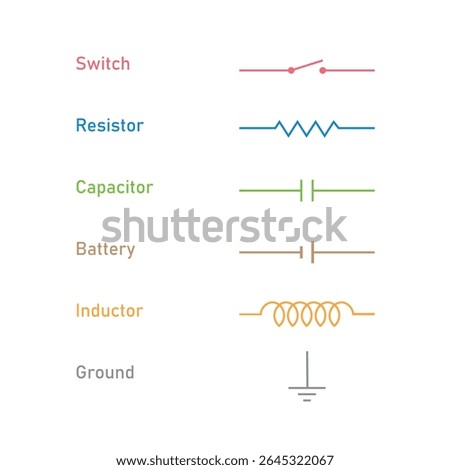 Electric Circuit Symbols. Switch, Resistor, Capacitor, Inductor, Battery and Ground Symbol.
