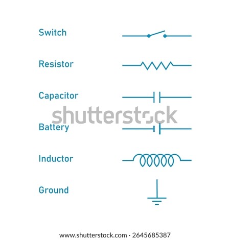 Electric Circuit Symbols. Switch, Resistor, Capacitor, Inductor, Battery and Ground Symbol.
