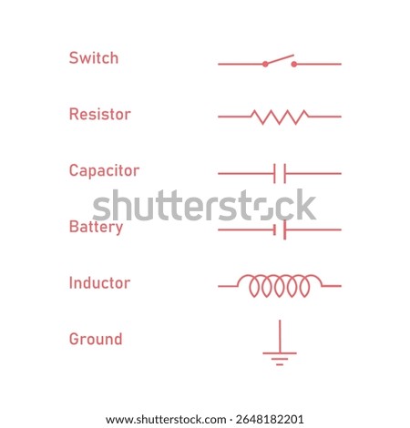 Electric Circuit Symbols. Switch, Resistor, Capacitor, Inductor, Battery and Ground Symbol.