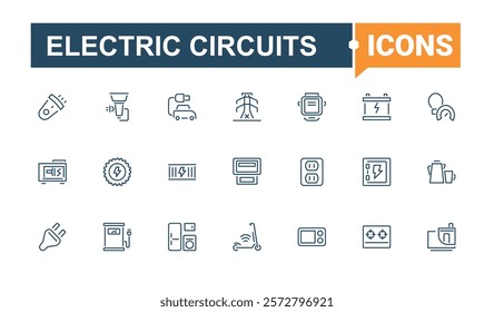 Electric Circuits icon set. Containing meter, solar, battery, nuclear, ui, renewable and more. Isolated icons design. Editable stroke. Vector illustration.