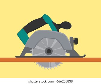 Electric Circular saw sawing tree wood cutter. Professional instrument, working tool. Vector illustration