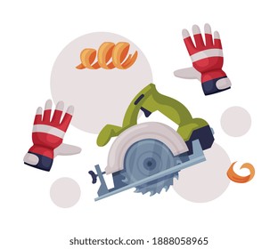 Electric Circular Saw with Toothed Blade and Gloves as Wood Chopping Implement Vector Composition