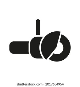 Electric circular wood saw icon. Bulgarian built outline work tool. Simple angle grinder with disk. Repair black silhouette pictogram. Vector isolated on white.