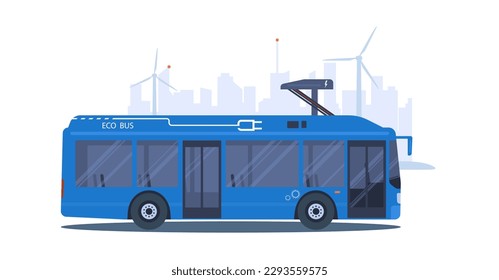 Electric city bus charging from a charging station against the backdrop of an abstract cityscape. Vector illustration.