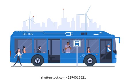 Autobús urbano eléctrico con pasajeros en el fondo de un paisaje urbano abstracto. Ilustración vectorial.