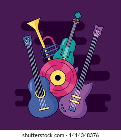 electric and classical guitar fiddle vinyl music vector illustration