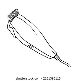Electric clipper outline sketch isolated on white. Hair and beard cutting machine, black line doodle. Vector icon of professional hairdresser tool for hairdressing salon or barbershop concept.