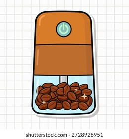 Molinillo de café eléctrico lleno de granos tostados en estilo de etiqueta engomada del doodle, icono del Vector de la historieta de un aparato de cocina para moler el café fresco y la preparación de la bebida de la mañana