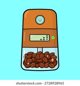 Moedor de café elétrico cheio de grãos torrados, display digital e botão de energia aceso, indicando frescura e prontidão para cervejas matinais, aroma e energia implícitos