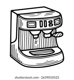 Electric coffee machine. Hand drawn doodle vector. Cafe equipment. Home appliances. Brewing a drink. Beverage espresso, latte, cappuccino. Illustration line art element.