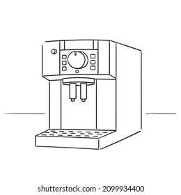 Máquina de café eléctrico. Ilustración vectorial de un dispositivo para hacer varios tipos de café. Aparatos de cocina. Esbozo. Blanco y negro aislados en un fondo blanco