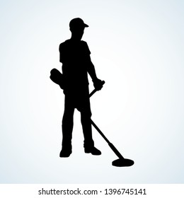 Electric coin sweeper ring on white minefield grass sand soil space for text. Dark black hand drawn hazard warn caution seek male job expert logo pictogram sign icon symbol in modern art graphic style