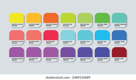 Electric Color Palette, Electric Color Guide Palette with Color Names. Catalog Samples of Multicolor with RGB HEX codes and Names. Paint Colors Palette Vector, Fashion Trend Color Palette Vector tones