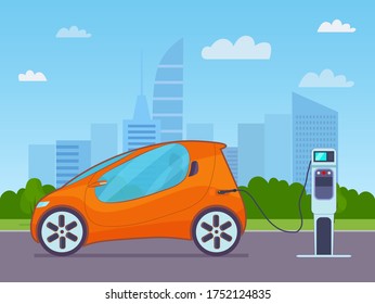 Electric compact car on a background of abstract cityscape. Electric car is charging, side view. Vector flat illustration.
