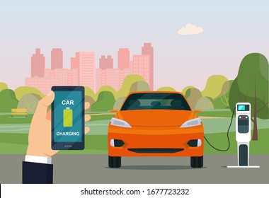 Electric compact CUV car is charging against the background of an abstract cityscape, the owner of the car controls the process through a smartphone. Vector flat illustration.