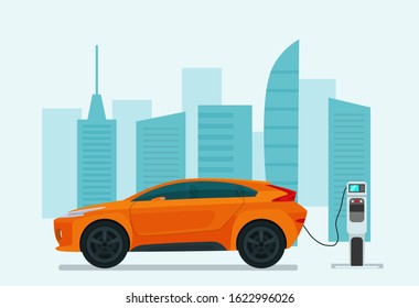 Electric compact CUV isolated. Electric car is charging, side view. Vector flat illustration.