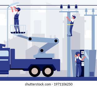 Electric company workers assemble outdoor electrical and lighting equipment, flat vector illustration. Background with electricians work on the street.