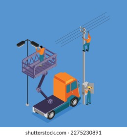 Electric company workers assemble outdoor electrical and lighting equipment 3d isometric vector illustration concept for banner, website, landing page, ads, flyer template