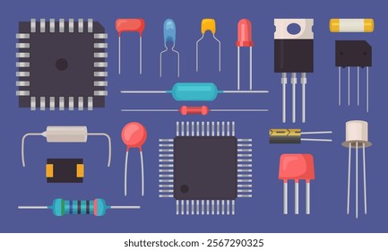 Electric components. Semiconductor transistor different microelements for electric hardware recent vector flat illustrations