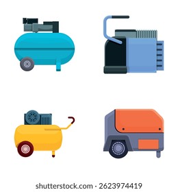 Electric compressor icons set cartoon vector. Various type of air compressor. Industrial equipment