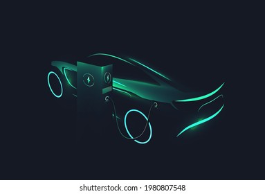 Electric concept car green glowing silhouette charging at charge station on dark background. Ev concept. Vector illustration 