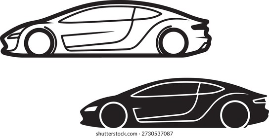 Concepto de coche eléctrico Siluetas de dos coches deportivos aislados sobre fondo blanco, ilustración