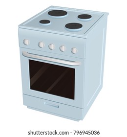 Electric cooker with four burners of different size and oven, blue enameled on a white background