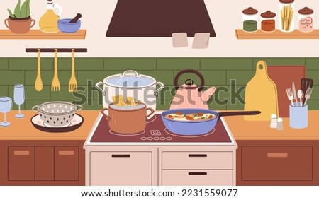 Electric cooker with pans, pots, kettle. Saucepan, stewpot, teakettle on stove with cooking dishes at home kitchen with utensils, household stuff on countertop. Cook process. Flat vector illustration