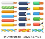 Electric copper core power supply wires cables. Electrical cable wires, flexible electricity equipment vector illustration set. Hardware electrical cable of different amperage and colors