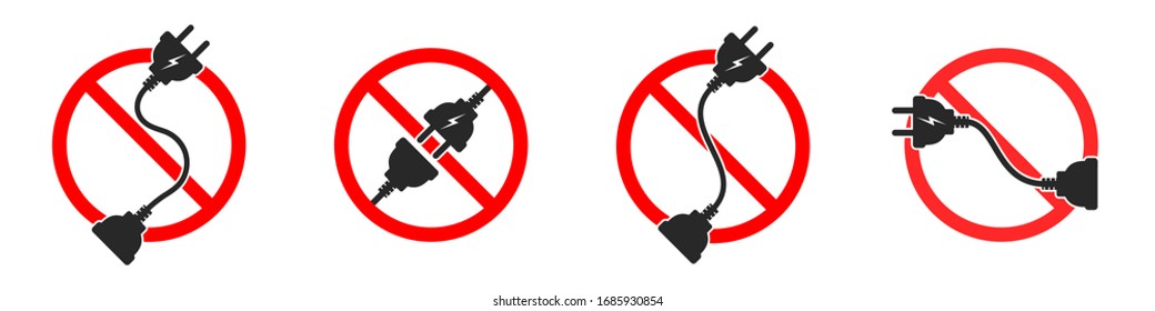 Electric cord is ban. Extension cord ban. Set of red vector danger signs isolated. Hazard electric icons.