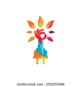 Diseño del logotipo del vector del árbol de mano y del cable eléctrico. 