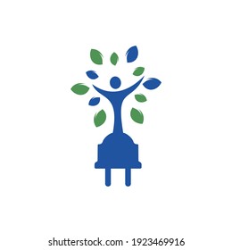 Electric cord and human tree vector logo design. Green energy electricity logo concept.