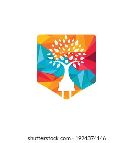 Electric cord and human tree vector logo design. Green energy electricity logo concept.