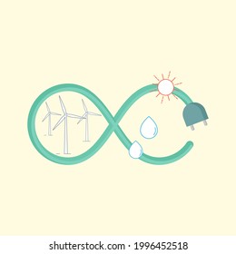Electric cord in shape of infinity symbol. Renewable energy is infinite. Vector illustration outline flat design style.