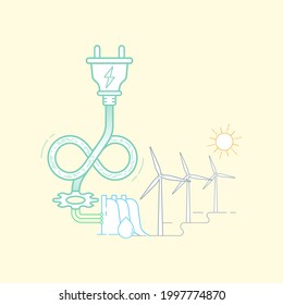 Cable eléctrico en forma de símbolo de infinito. La generación de electricidad a partir de energía renovable es infinita. Estilo de diseño plano de la ilustración del vector.