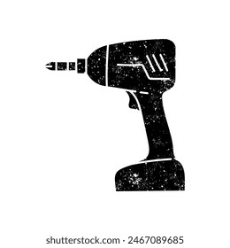 Electric cordless drill icon woodworking tool black hand drawn icon in grunge look