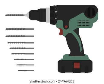 Electric cordless hand drill with bits. Green and red colors Clip art vector illustration isolated on white 