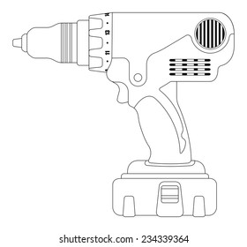 Electric cordless hand drill icon in black and yellow colors. Contour lines vector illustration isolated on white 