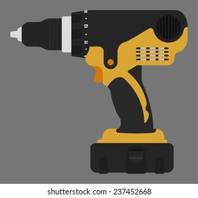 Electric cordless hand drill icon in black and yellow colors. Clip art vector illustration isolated.