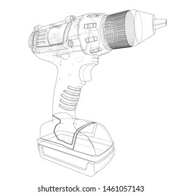 Electric cordless screwdriver. Vector rendering of 3d. Wire-frame style. The layers of visible and invisible lines are separated