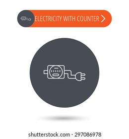 Electric counter icon. Electricity with plug sign. Gray flat circle button. Orange button with arrow. Vector