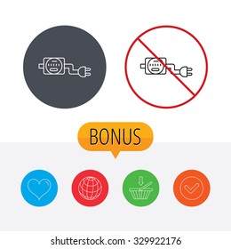 Electric counter icon. Electricity with plug sign. Shopping cart, globe, heart and check bonus buttons. Ban or stop prohibition symbol.