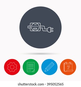 Electric counter icon. Electricity with plug sign. Calendar, cogwheel, document file and pencil icons.