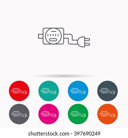 Electric counter icon. Electricity with plug sign. Linear icons in circles on white background.